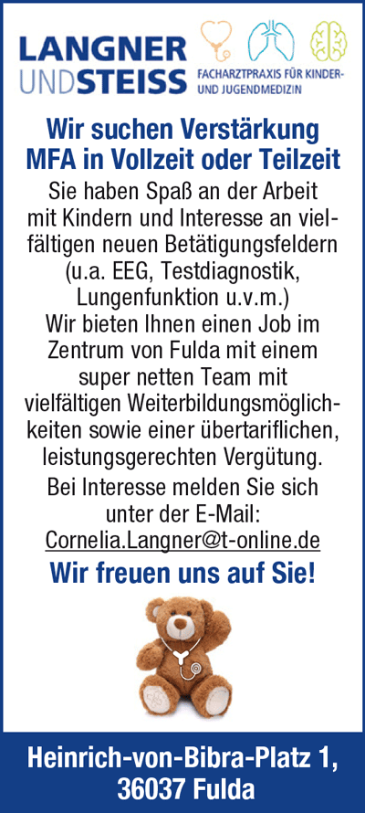 Stellenanzeige: MFA in Vollzeit oder Teilzeit von Kinderarztpraxis in Fulda gesucht